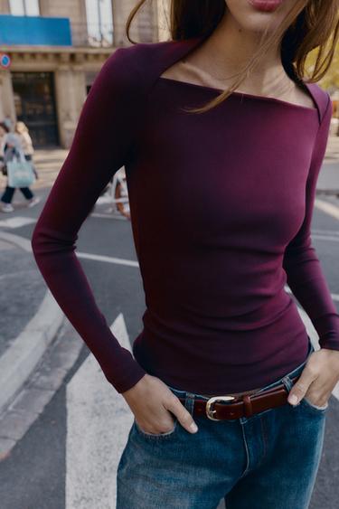 RIBBED LONG SLEEVE T-SHIRT - Wine by Zara