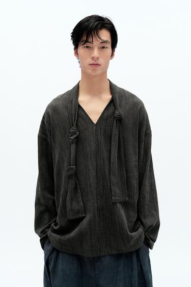 CREASED-EFFECT LINEN - COTTON SHIRT X FANGLU LIN - Anthracite grey by Zara