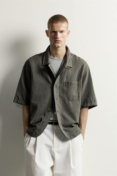 WASHED COTTON/LINEN SHIRT - DARK KHAKI by Zara