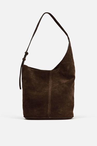 ASYMMETRIC SOFT SPLIT SUEDE BUCKET BAG - Brown by Zara