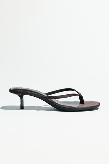 SATIN KITTEN-HEEL SANDALS - Brown by Zara