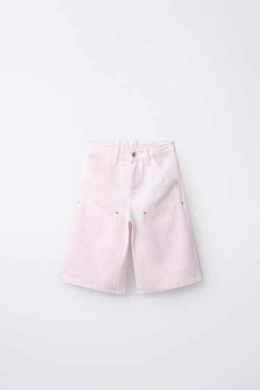 STRIPED LONG CARPENTER BERMUDA SHORTS - Pink / White by Zara