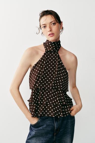 RUFFLED HALTER NECK TOP WITH DOTS - brown/white by Zara