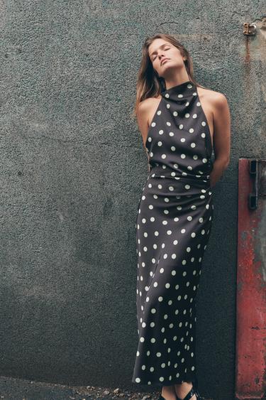 POLKA DOT SATIN MIDI DRESS - Dark navy by Zara