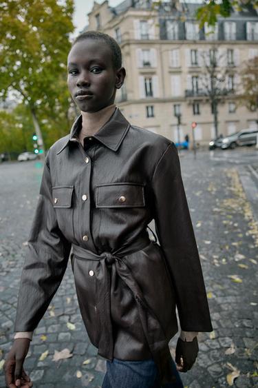 LONG FAUX LEATHER JACKET WITH BELT - Brown by Zara