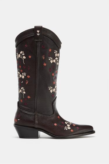 LEATHER COWBOY BOOTS WITH FLOWERS - Brown by Zara