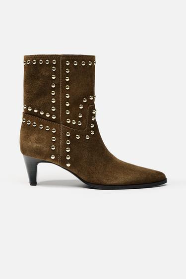 SPLIT SUEDE STUDDED ANKLE BOOTS - Brown by Zara