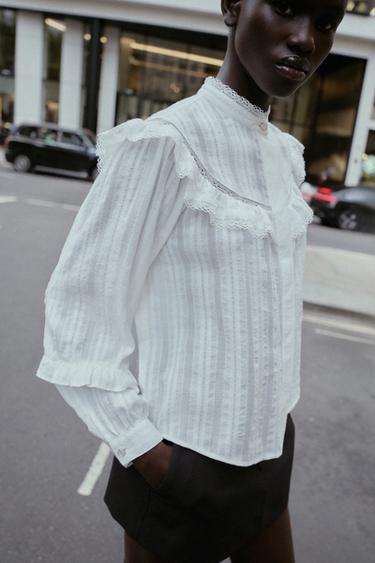 BLOUSE WITH LACE TRIM AND RUFFLES - White by Zara