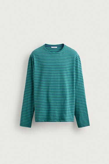 RELAXED FIT STRIPED JACQUARD T-SHIRT - Blue by Zara