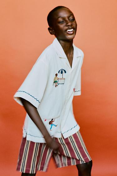EMBROIDERED LINEN BLEND BOWLING SHIRT - Ecru by Zara