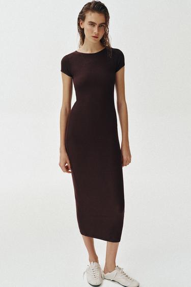 LONG SHORT SLEEVE DRESS - Brown by Zara