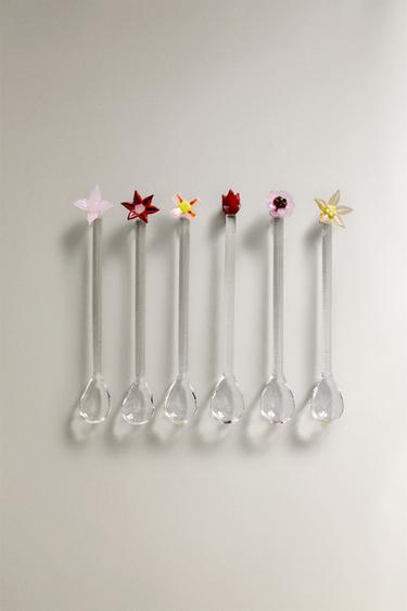 SET OF BOROSILICATE GLASS DESSERT SPOONS WITH FLORAL APPLIQUÉS (SET OF 6) - Yellow by Zara - Image 0
