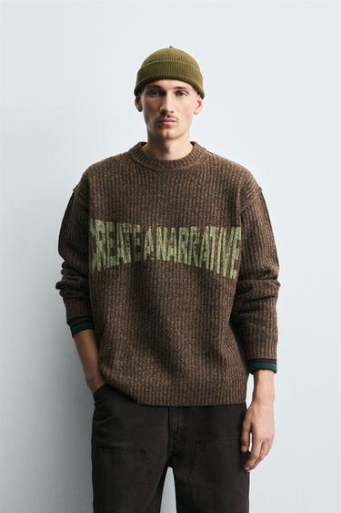 RIBBED SLOGAN SWEATER - Brown by Zara