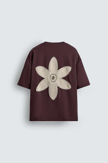EMBROIDERED FLOWER T-SHIRT - Wine by Zara