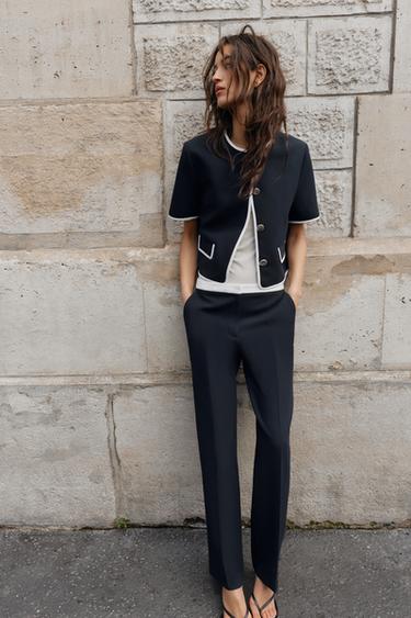 STRAIGHT-LEG TROUSERS WITH CONTRAST WAISTBAND - Navy blue by Zara