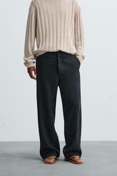 100% LINEN STRAIGHT-LEG TROUSERS - Dark navy by Zara