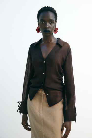 SEMI-SHEER SHIRT WITH TIE DETAIL - Dark brown by Zara