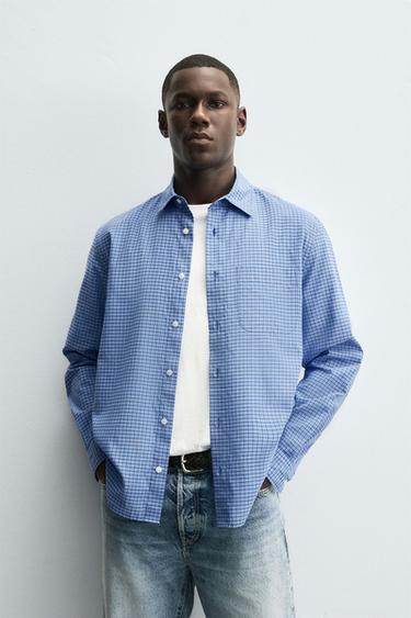 CHECK SHIRT WITH POCKET - Blue/White by Zara