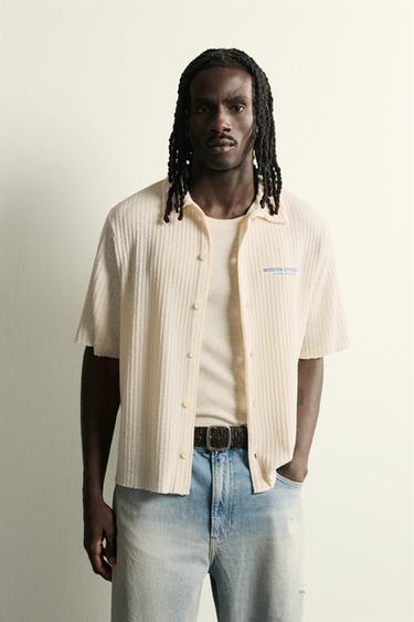 OPENWORK TEXTURED SLOGAN PRINT SHIRT - Oyster-white by Zara