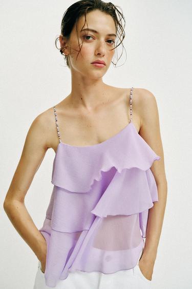 RUFFLED BEADED STRAP TOP - Lilac by Zara