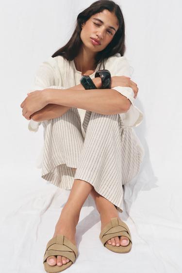 FLAT CRISS-CROSS SPLIT SUEDE SANDALS - Brown by Zara