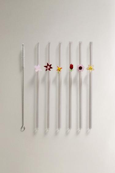 SET OF BOROSILICATE GLASS STRAWS WITH FLORAL APPLIQUÉS (SET OF 6) - Yellow by Zara - Image 0