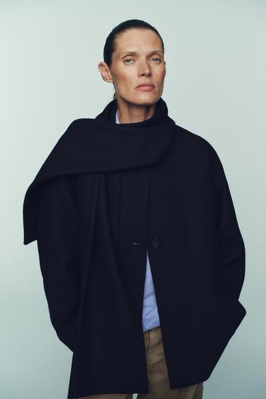 SHORT WOOL COAT WITH SCARF - Navy blue by Zara