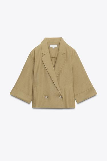 CROPPED DOUBLE-BREASTED LINEN BLEND BLAZER - Oil by Zara