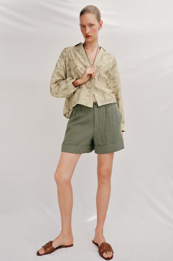 SHIRT WITH CUTWORK EMBROIDERY - Light khaki by Zara - Image 0