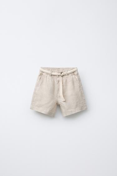 LINEN BERMUDA SHORTS WITH BELT - Light beige by Zara - Image 0