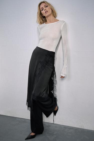 ZW COLLECTION SATIN LACE SKIRT - Black by Zara