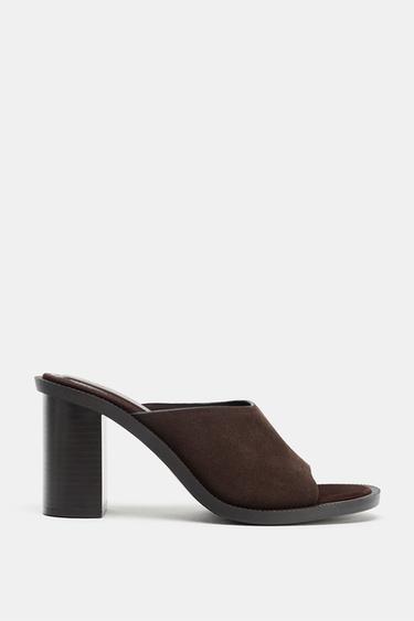LEATHER BLOCK HEEL SANDALS - Brown by Zara