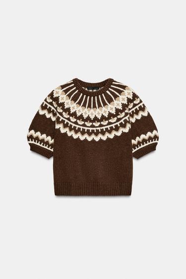SHORT SLEEVE JACQUARD KNIT JUMPER - Brown / Ecru by Zara