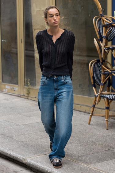 POINTELLE KNIT WOOL AND ALPACA CARDIGAN - Navy blue by Zara