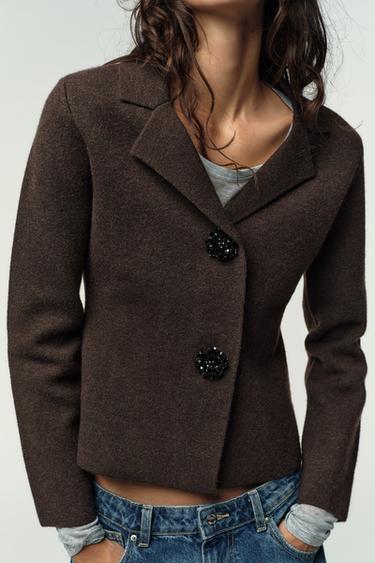 KNIT BLAZER WITH RHINESTONE BUTTONS - Brown by Zara