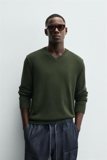 COTTON V-NECK SWEATER - Green by Zara