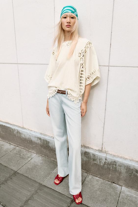 ZW COLLECTION EMBROIDERED LINEN BLEND BLOUSE - Ecru by Zara - Image 0