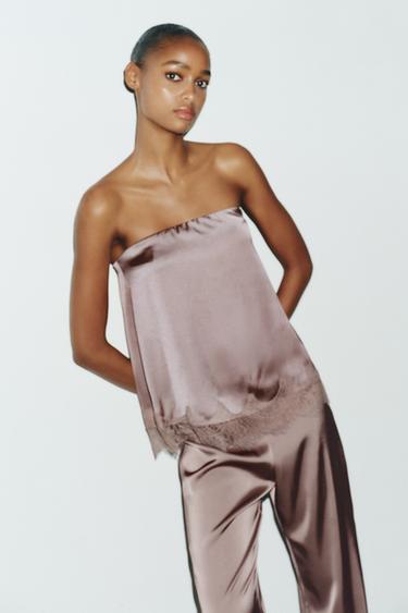 SATIN TOP WITH LACE TRIM - Brown / Taupe by Zara
