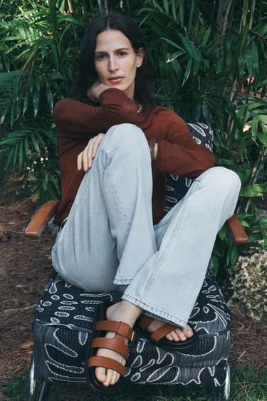 BUCKLED FLAT LEATHER SANDALS - Brown by Zara - Image 0