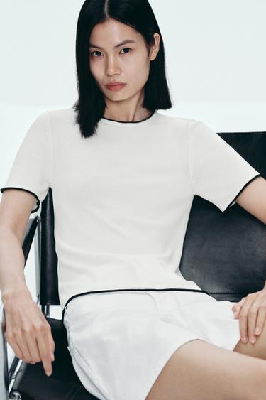 KNIT TOP WITH CONTRAST TRIMS - White / Navy by Zara