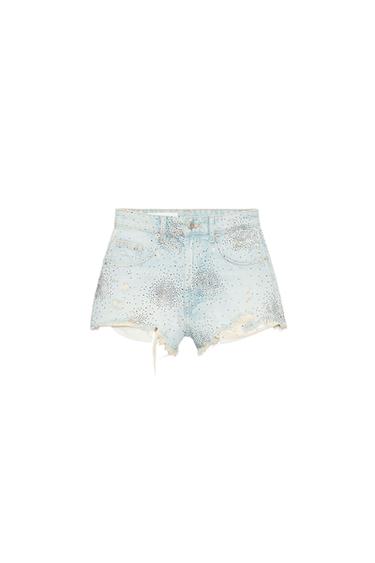 HIGH-WAIST RIPPED DENIM SHORTS WITH RHINESTONES - Light blue by Zara