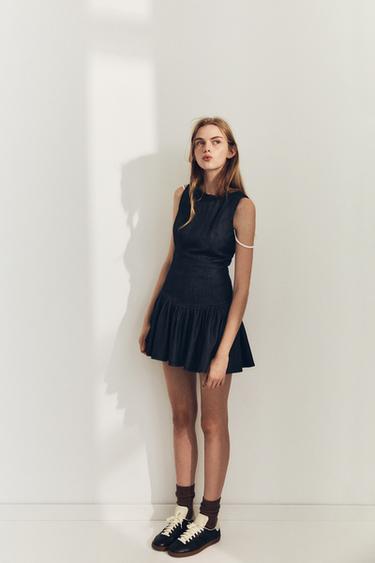 SHORT DENIM-EFFECT DRESS WITH RUFFLES - Dark indigo by Zara - Image 0