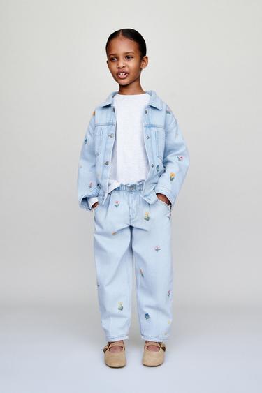 EMBROIDERED FLORAL PAPERBAG BAGGY JEANS - Blue by Zara