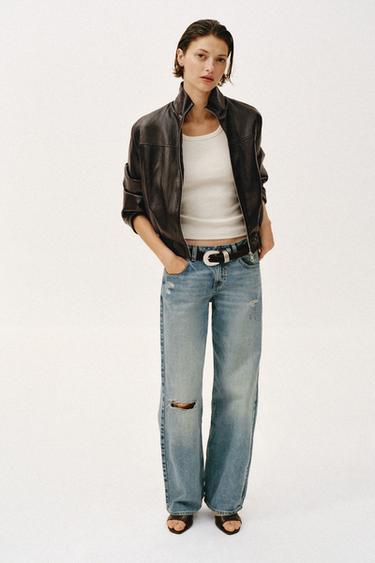 CROPPED LEATHER EFFECT BOMBER JACKET - Dark brown by Zara