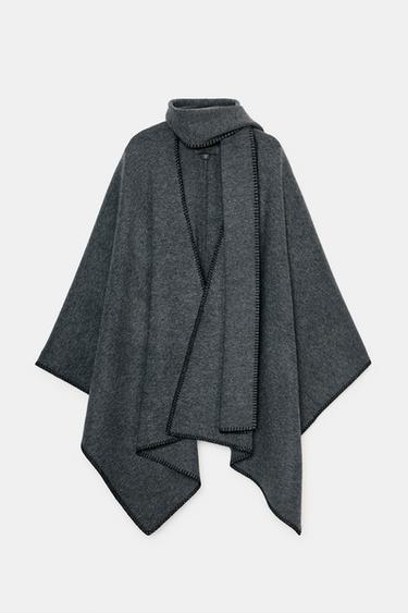 KNIT CAPE WITH CONTRAST THREAD SCARF - Grey by Zara