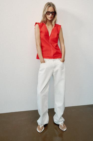 CONTRAST STITCH POPLIN TOP - Coral red by Zara