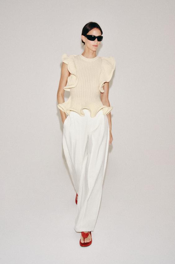 KNIT TOP WITH WAVY TRIMS - Ecru by Zara - Image 0
