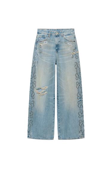 TRF RIPPED STUD WIDE-LEG JEANS - Light blue by Zara