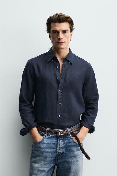 100% LINEN REGULAR FIT SHIRT - Dark navy by Zara