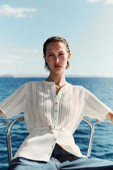 POINTELLE KNIT CARDIGAN WITH BELT - Ecru by Zara - Image 0